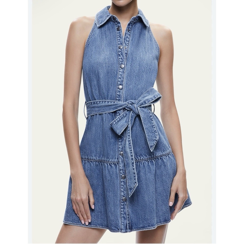 Alice + Olivia Jeans Denim Mini‎ Dress Women's Size 0 Small Sleeveless Belted